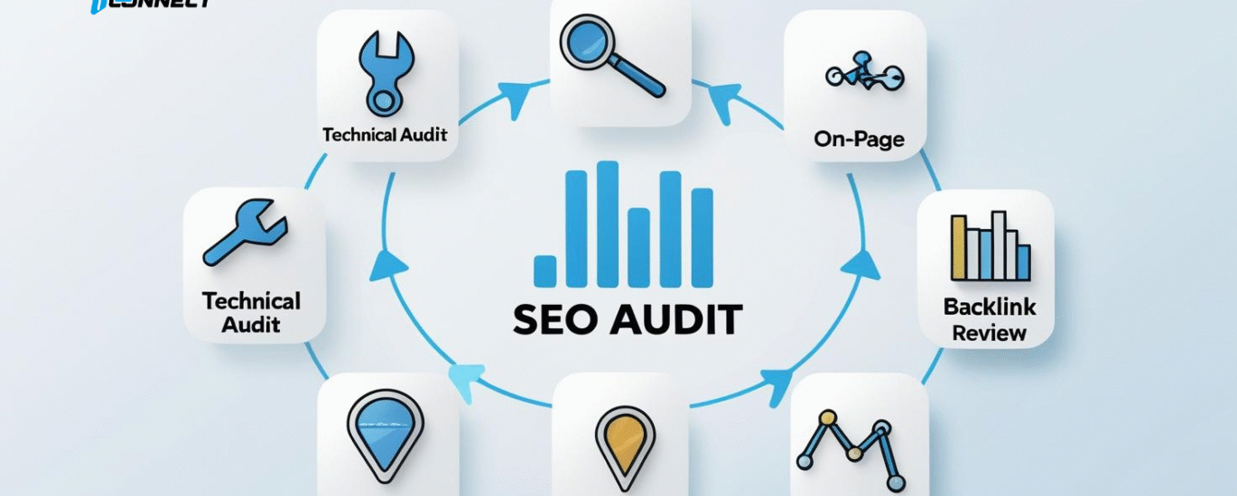 SEO audit dashboard on widescreen monitor in modern U.S. digital marketing office.