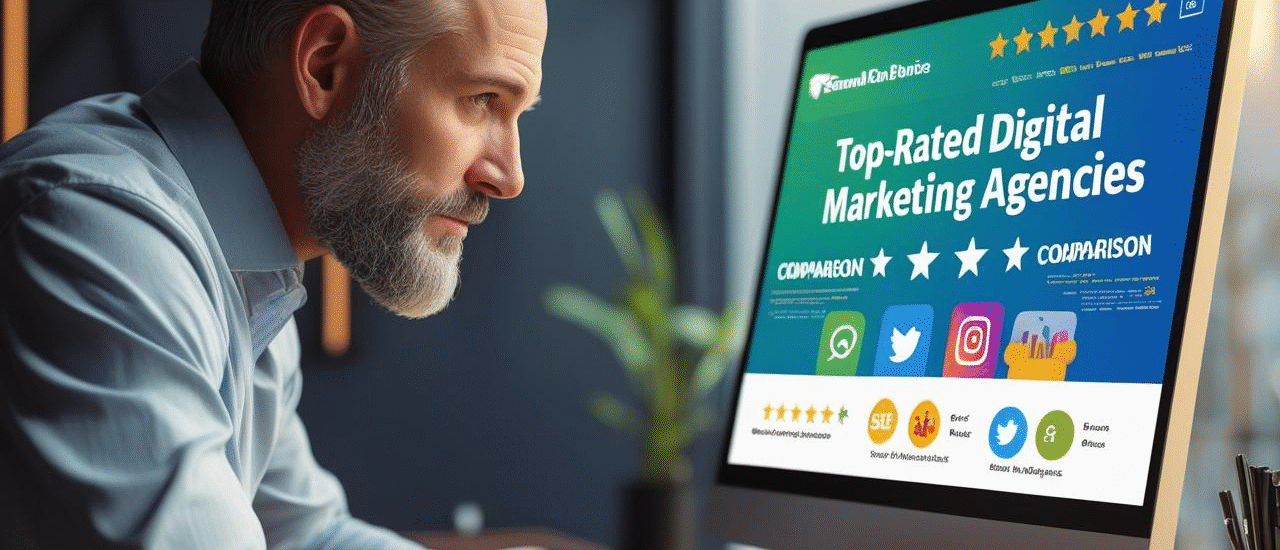 Small business owner comparing top-rated digital marketing agencies in the U.S.