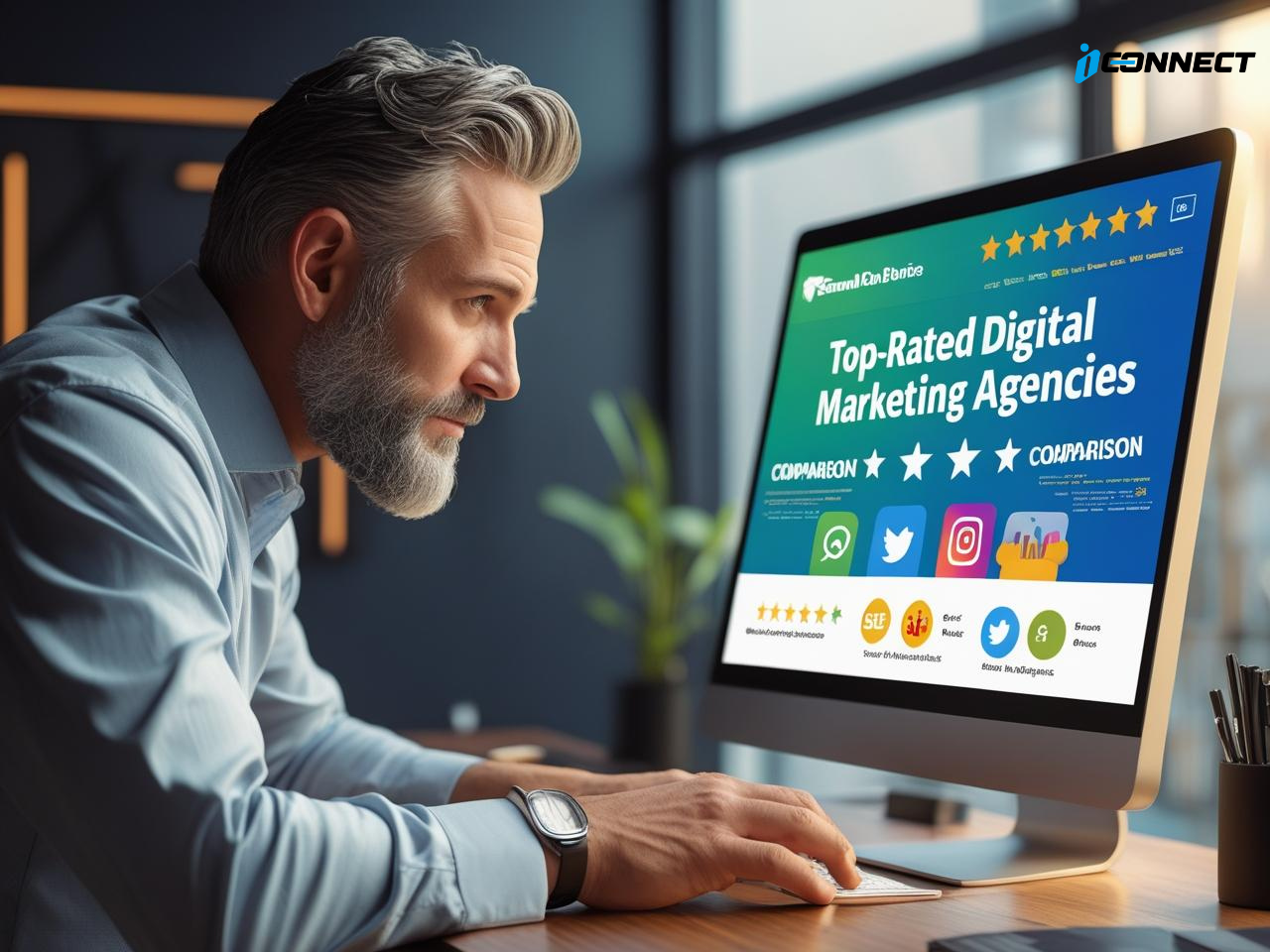 Small business owner comparing top-rated digital marketing agencies in the U.S.