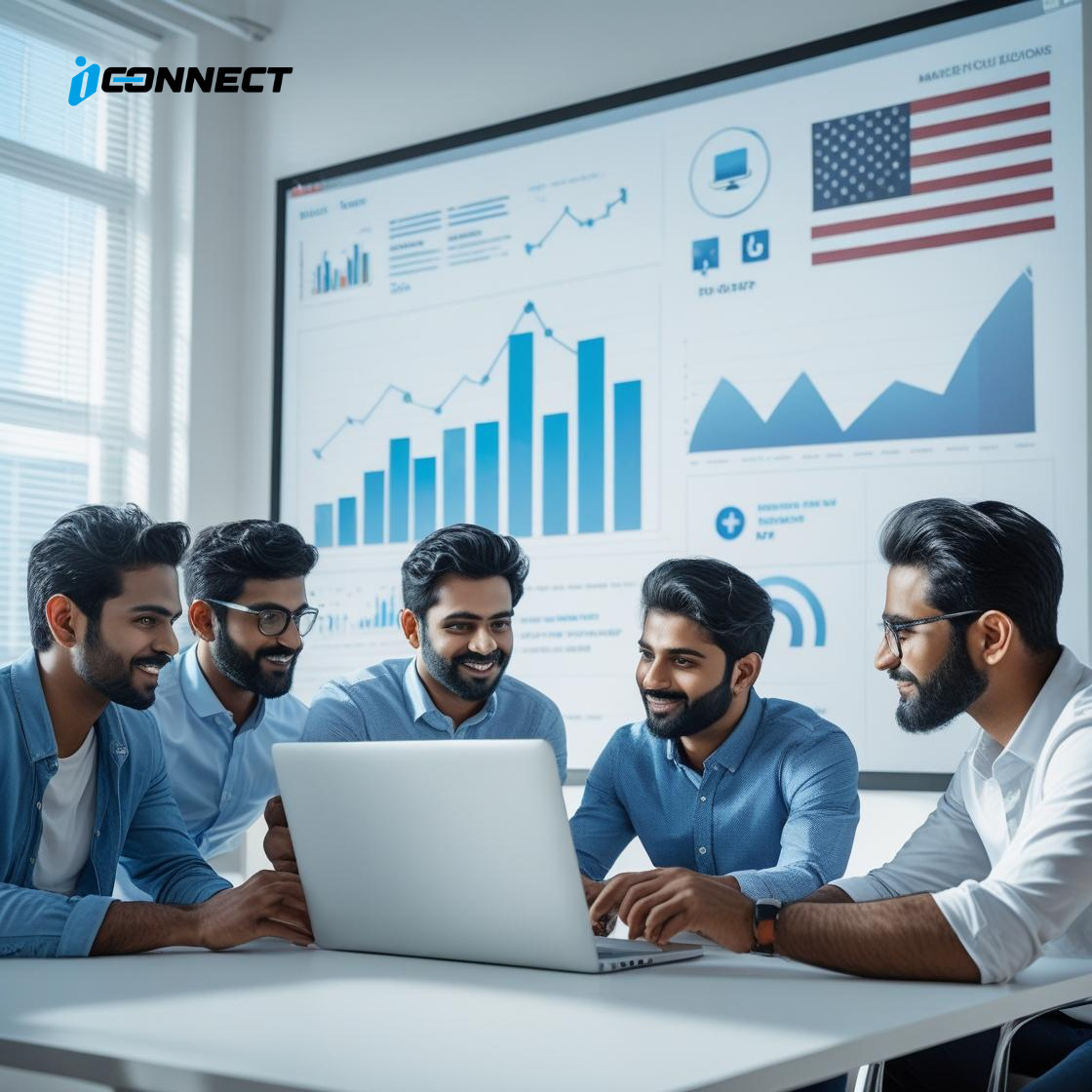 Diverse digital marketing team planning strategy in a modern U.S. office