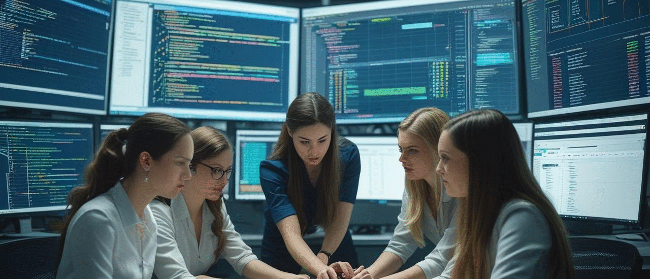 IT team discussing software release strategy in office