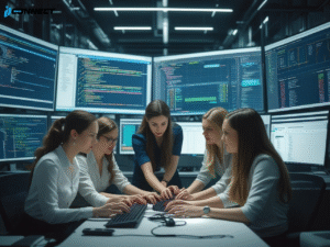 IT team discussing software release strategy in office