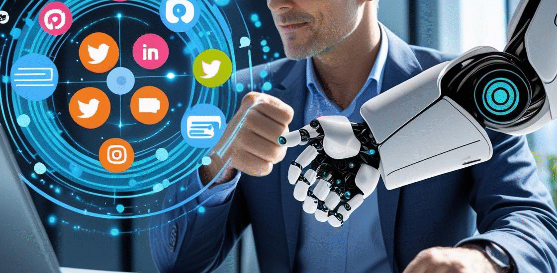 AI helping businesses in digital marketing with SEO, ads, and social media icons.
