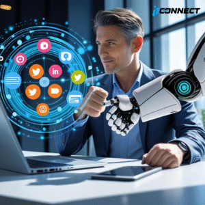 AI helping businesses in digital marketing with SEO, ads, and social media icons.