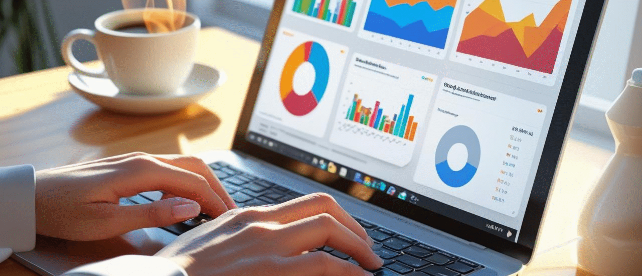 Laptop showing SEO reports and Google Ads dashboard