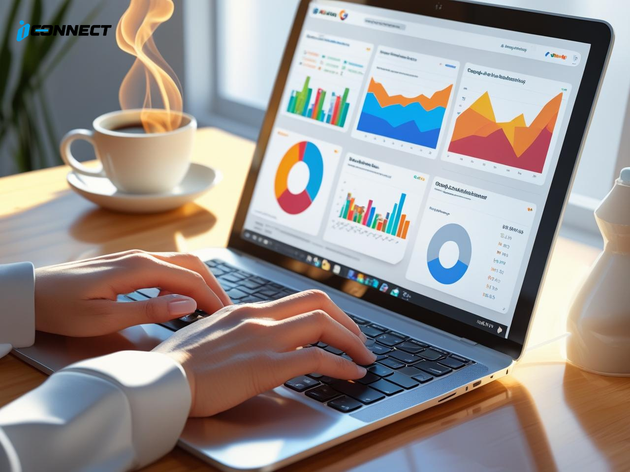 Laptop showing SEO reports and Google Ads dashboard