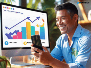 Small business owner using AI tools to save time and money in marketing.