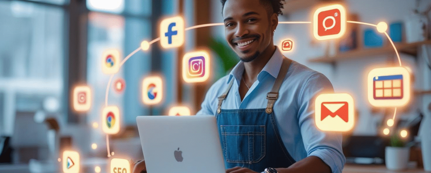 Small business owner using digital marketing tools in the USA