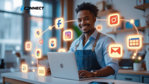 Small business owner using digital marketing tools in the USA