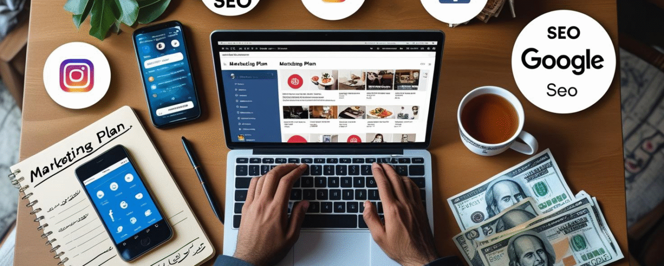 Laptop showing digital marketing analytics on a modern desk setup