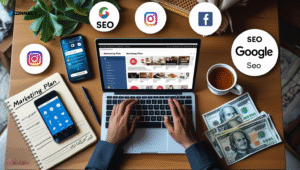 Laptop showing digital marketing analytics on a modern desk setup