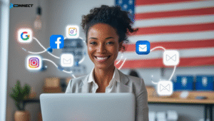 A lady working together on digital marketing strategy in a modern office