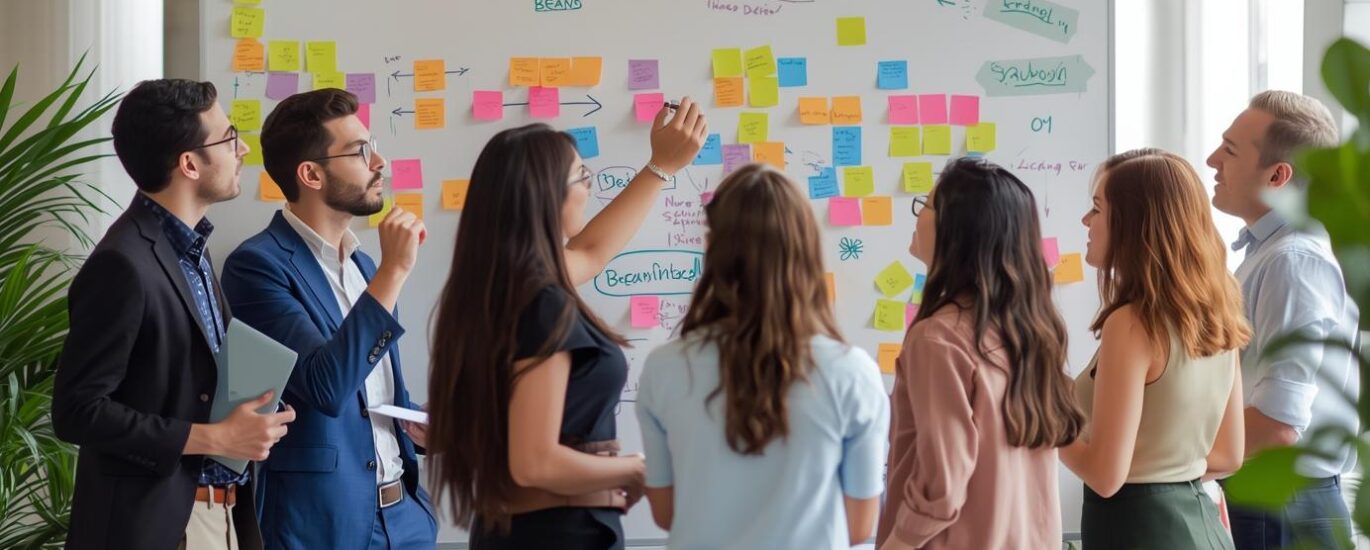 A group of young professionals brainstorming ideas for online brand growth, colorful sticky notes on a whiteboard, casual creative office environment.