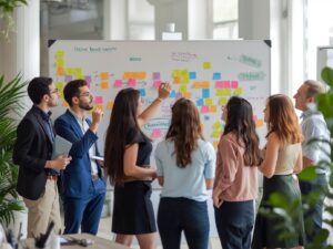 A group of young professionals brainstorming ideas for online brand growth, colorful sticky notes on a whiteboard, casual creative office environment.