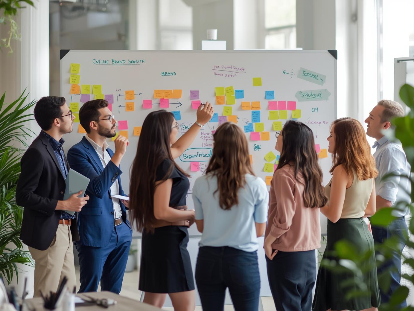 A group of young professionals brainstorming ideas for online brand growth, colorful sticky notes on a whiteboard, casual creative office environment.
