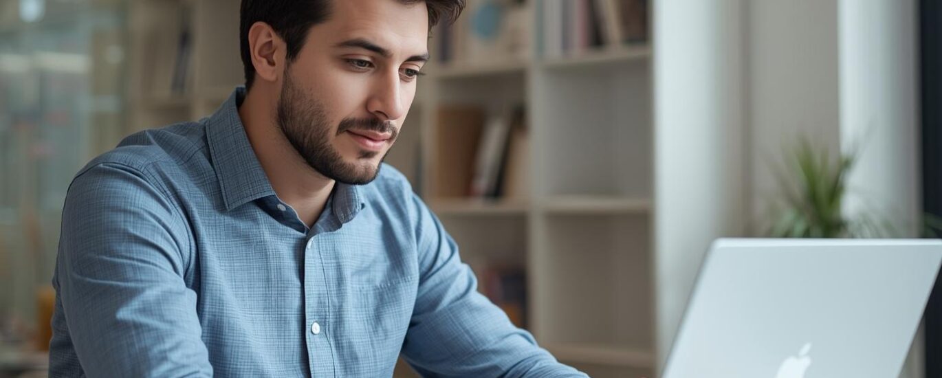 A small business owner using a laptop at a cozy workspace, checking social media and website analytics, bright modern background, global online marketing concept.