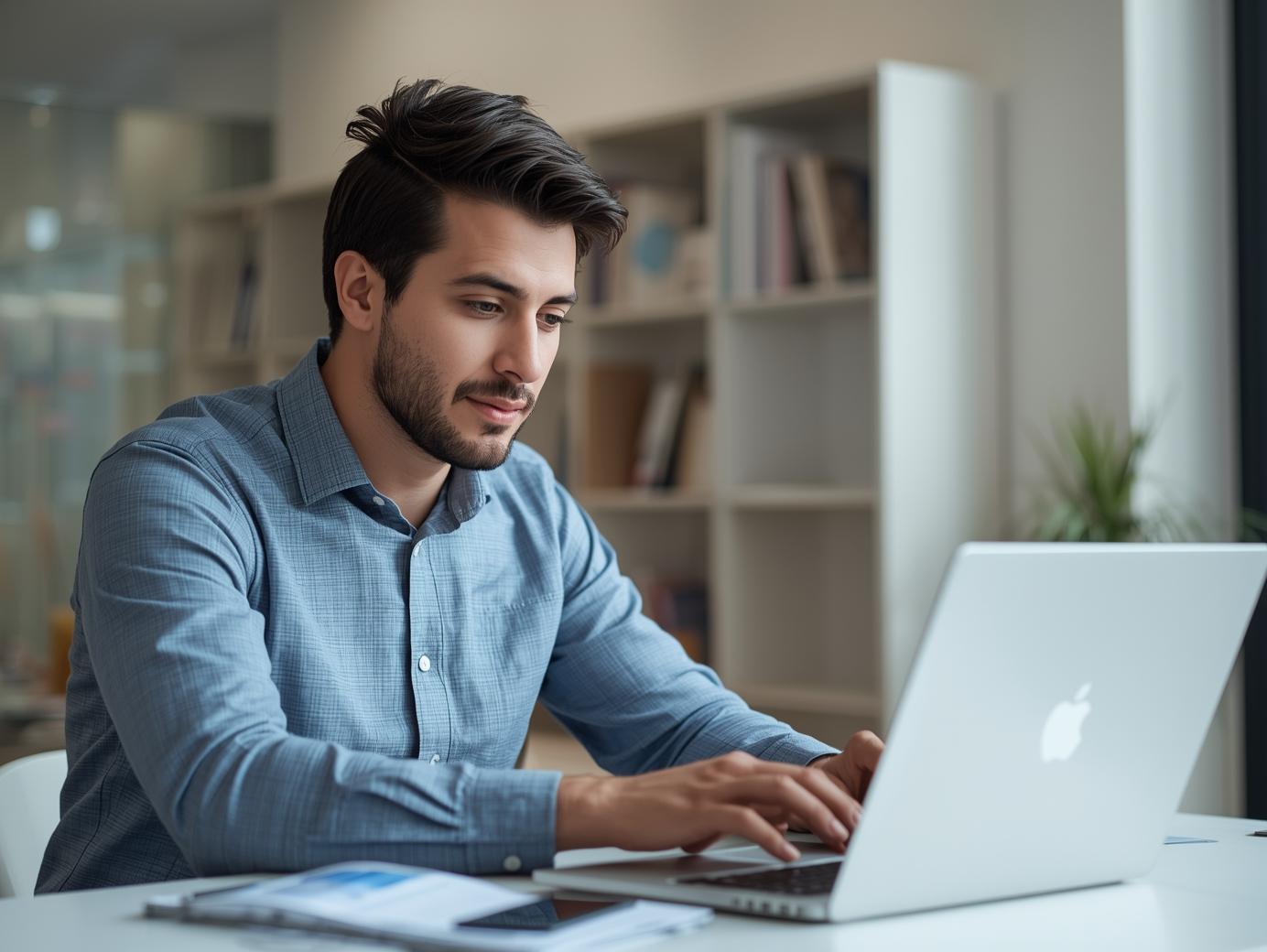A small business owner using a laptop at a cozy workspace, checking social media and website analytics, bright modern background, global online marketing concept.