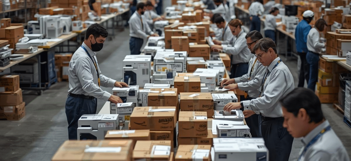 Staff preparing and labeling Amazon FBA packages in a warehouse in the USA.
