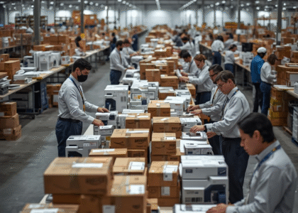 Staff preparing and labeling Amazon FBA packages in a warehouse in the USA.