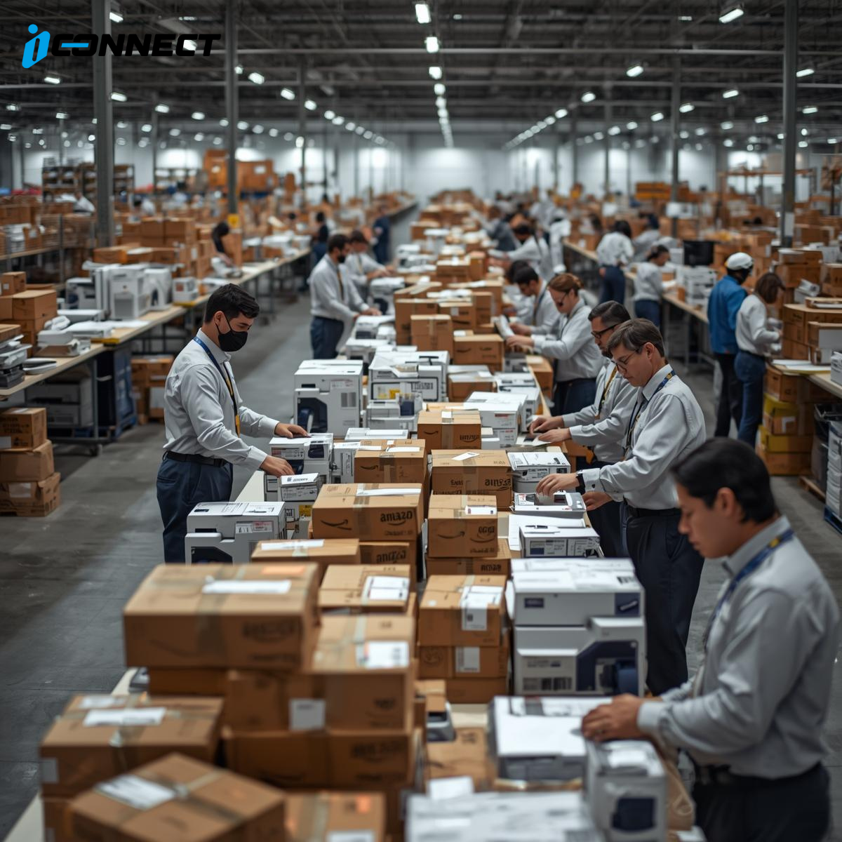 Staff preparing and labeling Amazon FBA packages in a warehouse in the USA.