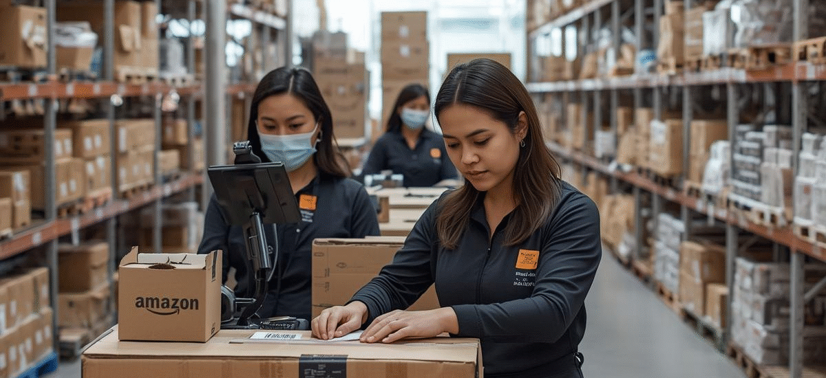Team preparing products for Amazon FBA with labeling and packaging in a U.S. warehouse