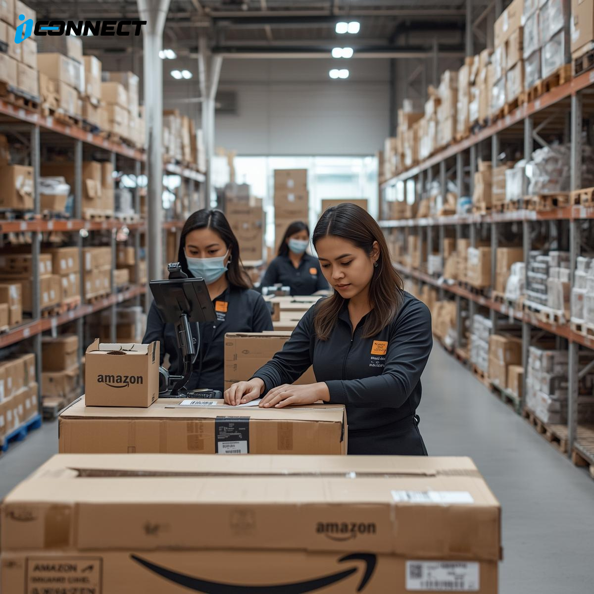 Team preparing products for Amazon FBA with labeling and packaging in a U.S. warehouse