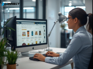 Specialist optimizing Amazon product listings on computer screen with keywords and descriptions