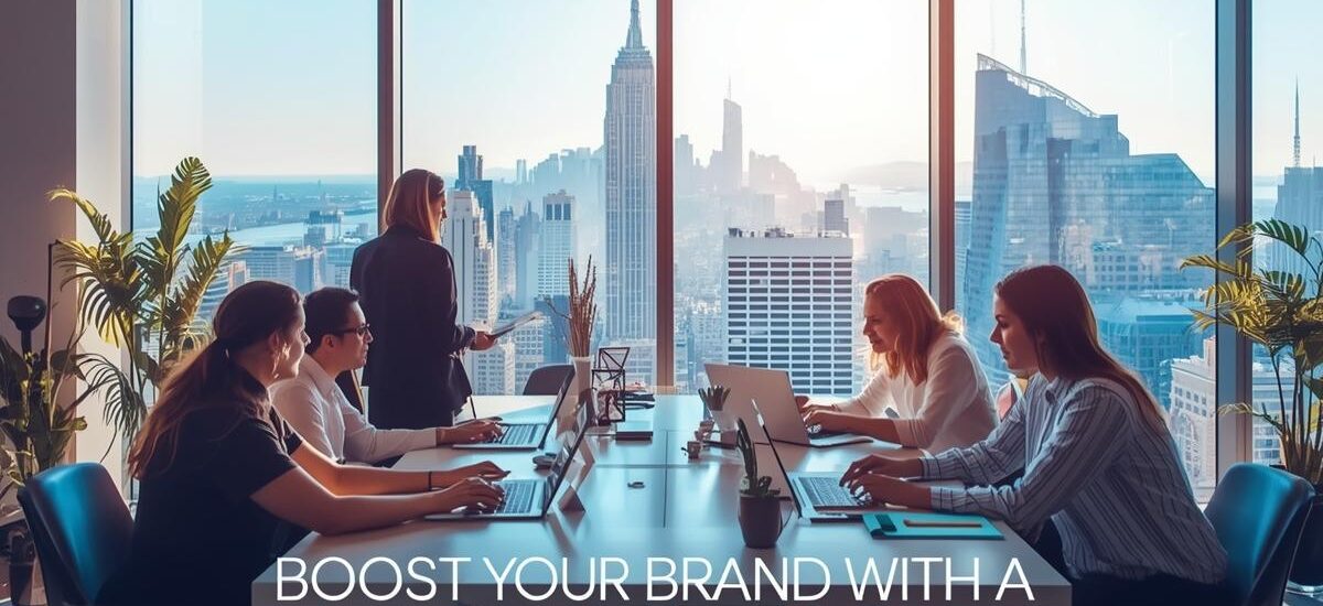 Creative marketing agency team in the USA working on brand strategy with the title “Boost Your Brand with a Creative Marketing Agency USA” on the image.