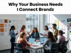 Marketing experts in a USA office planning digital campaigns and creative brand ideas with the text “Boost Your Brand with a Creative Marketing Agency USA” on the image.