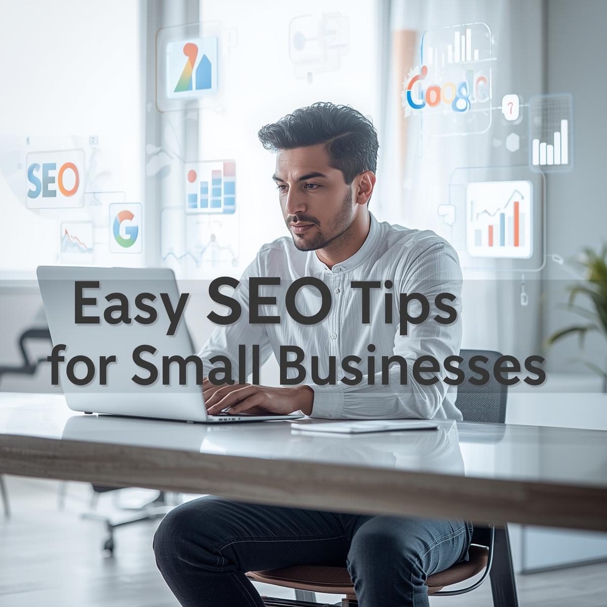 A small business owner using a laptop to improve Google search ranking through SEO tips