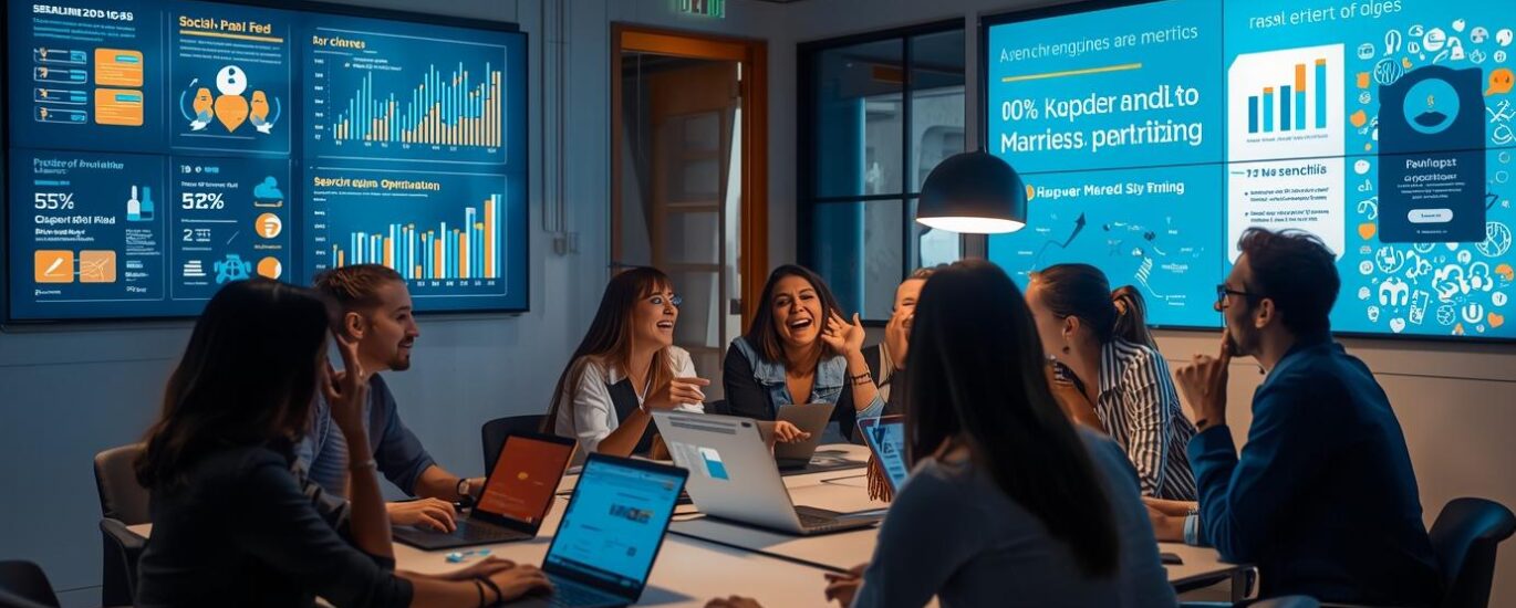 Business team collaborating on a digital marketing project with laptops and creative visuals