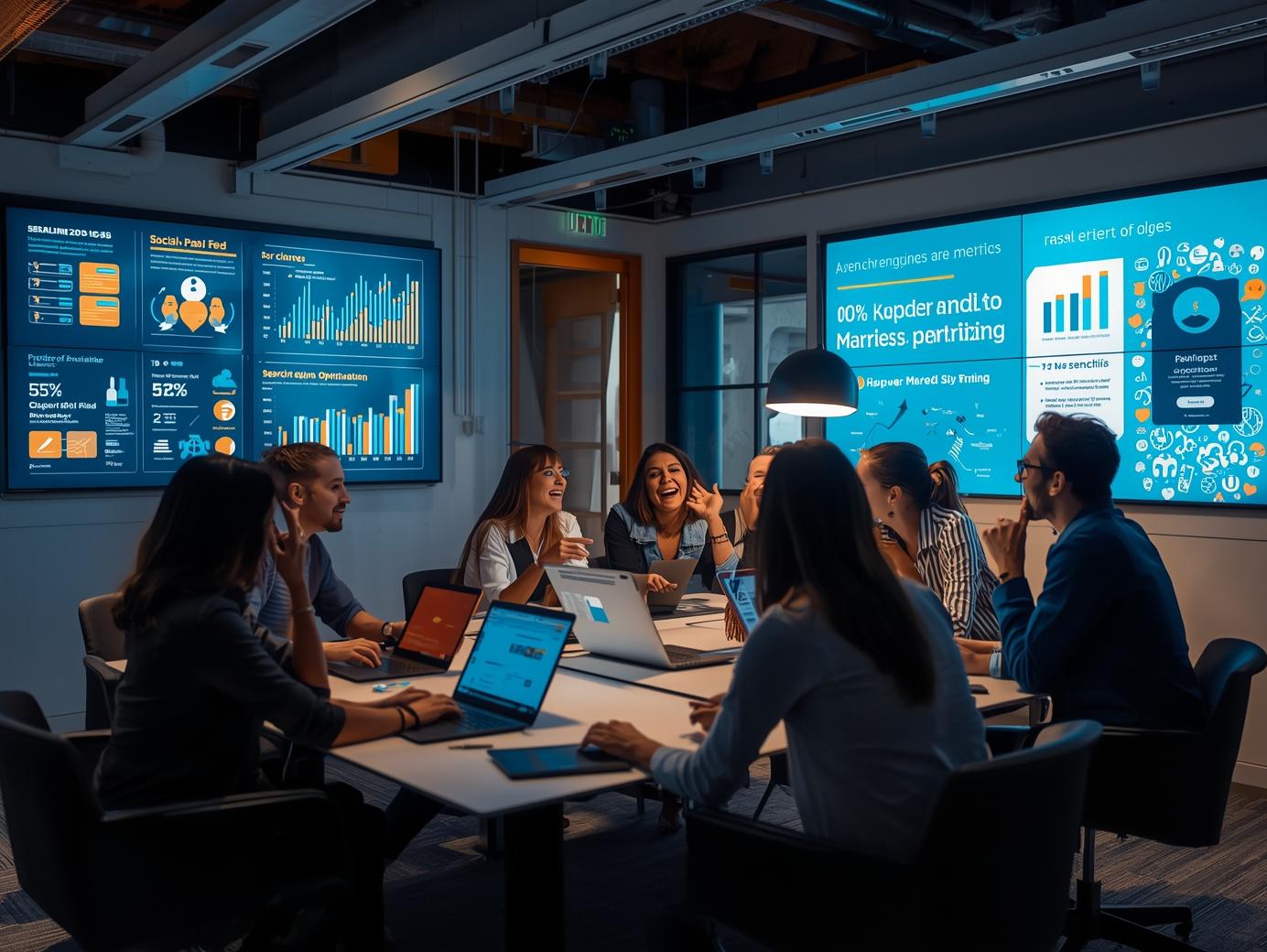 Business team collaborating on a digital marketing project with laptops and creative visuals