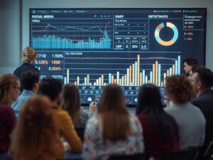 Team analyzing social media analytics and engagement reports on a big screen