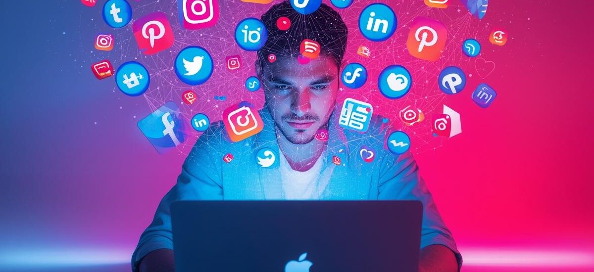 Digital marketer working on a laptop with social media icons representing brand growth