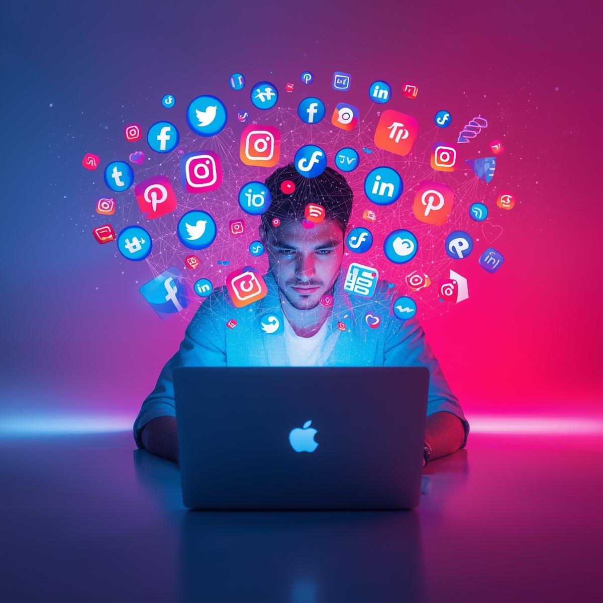 Digital marketer working on a laptop with social media icons representing brand growth