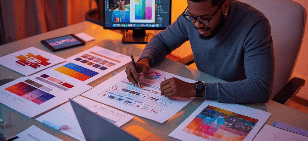 Person creating brand identity with sketches, laptop, and color palettes in a modern workspace