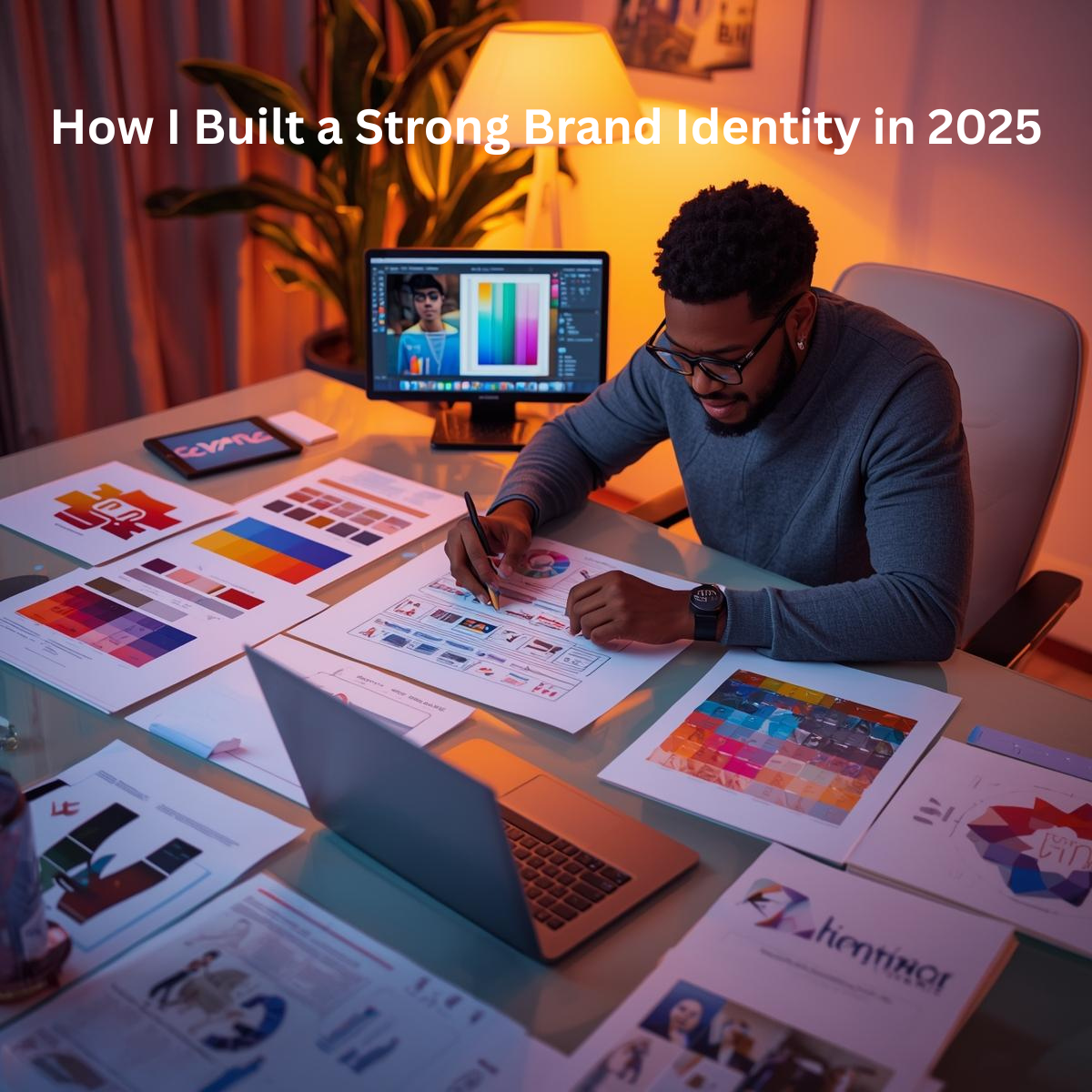 Person creating brand identity with sketches, laptop, and color palettes in a modern workspace