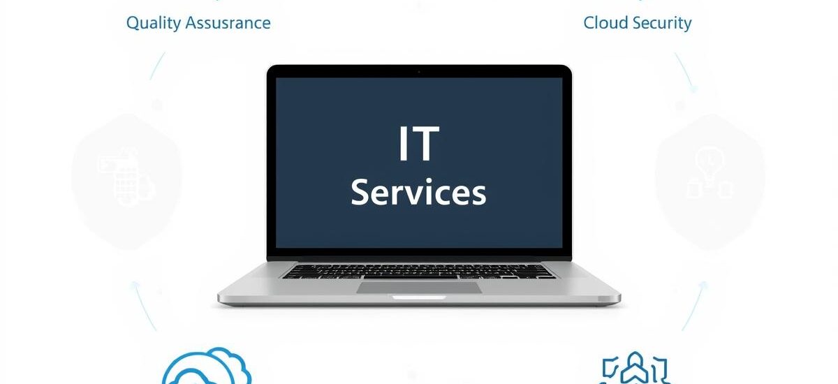 A clean and simple illustration showing IT services concept, laptop with icons for quality assurance,