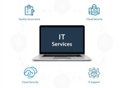A clean and simple illustration showing IT services concept, laptop with icons for quality assurance,