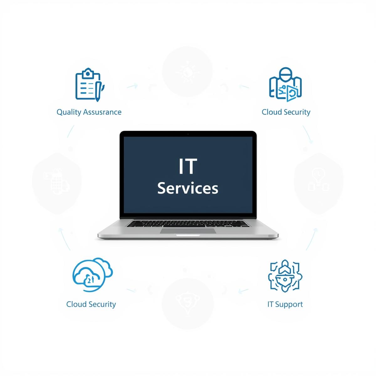 A clean and simple illustration showing IT services concept, laptop with icons for quality assurance,