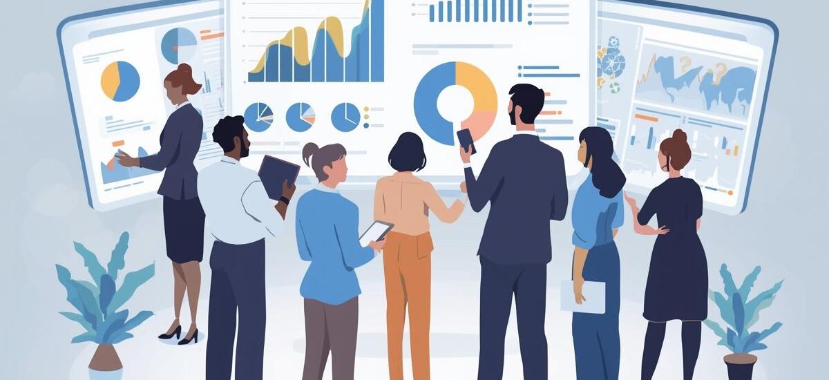 A clean, modern illustration showing a marketing team a