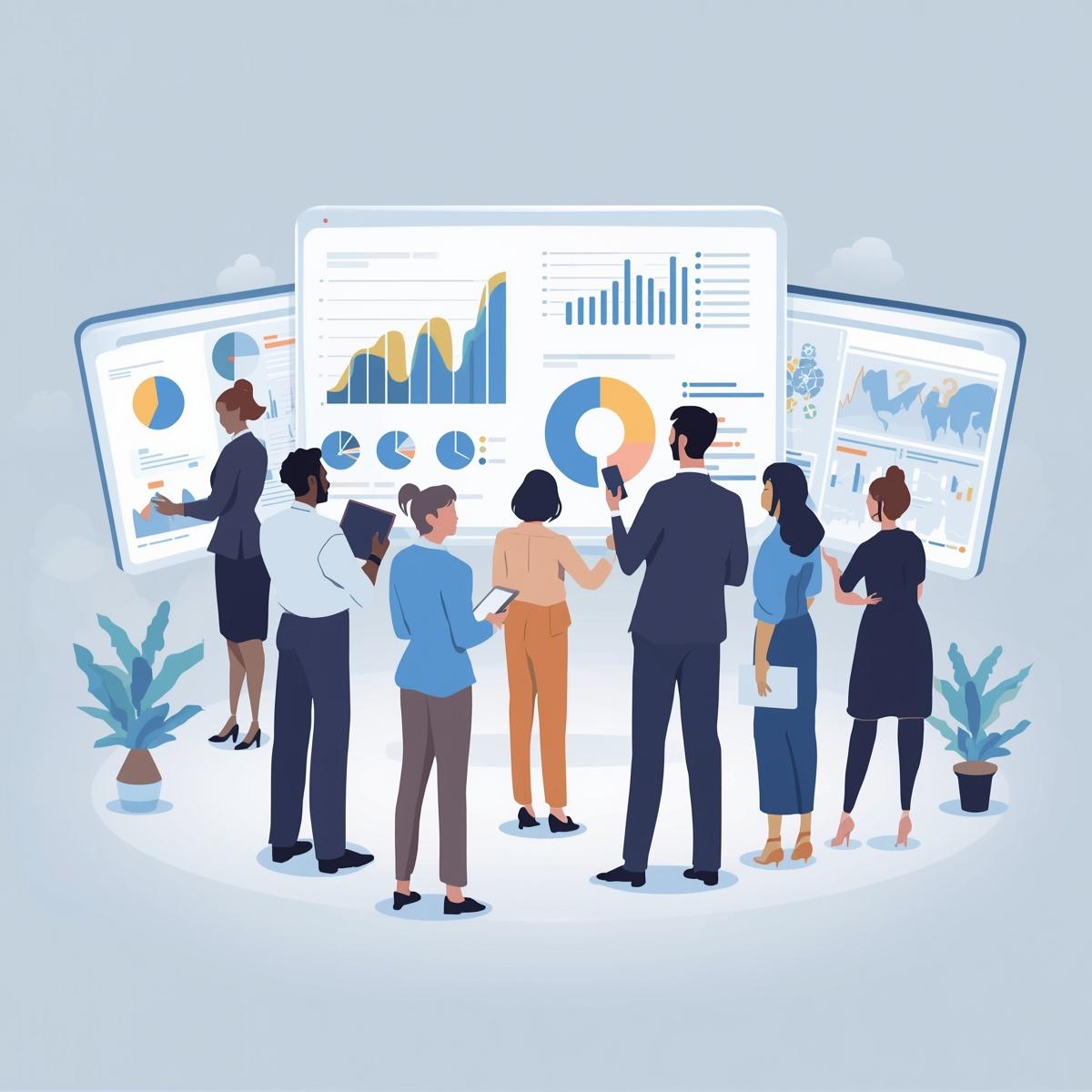 A clean, modern illustration showing a marketing team a