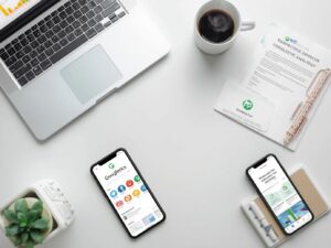 A creative flat-lay of digital marketing elements for a U.S.