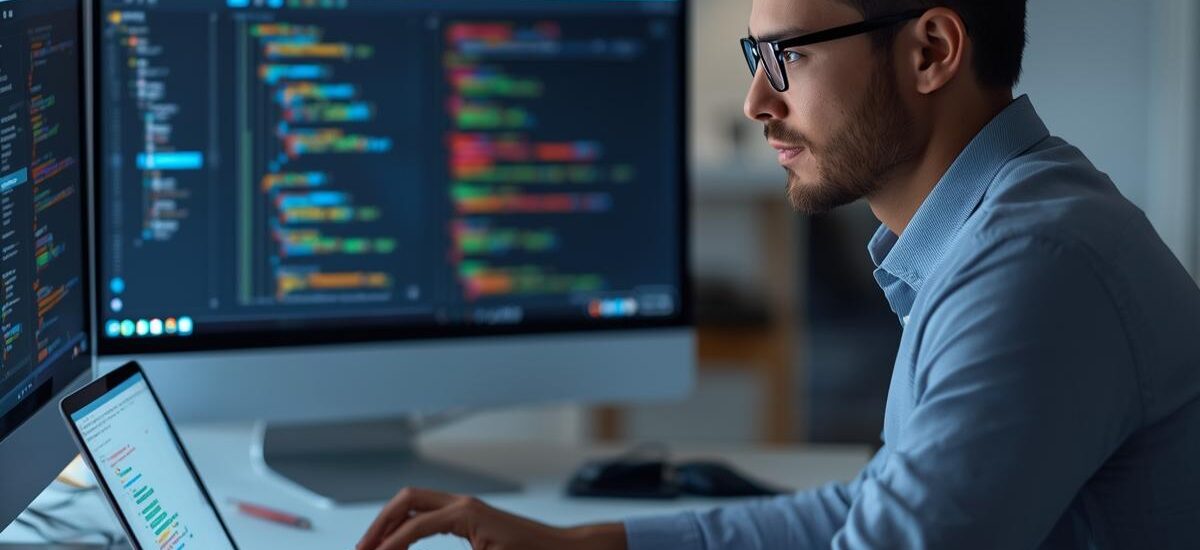 A modern IT professional testing a business website on multiple devices, laptop and tablet
