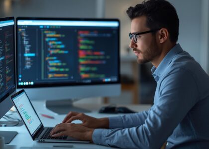 A modern IT professional testing a business website on multiple devices, laptop and tablet