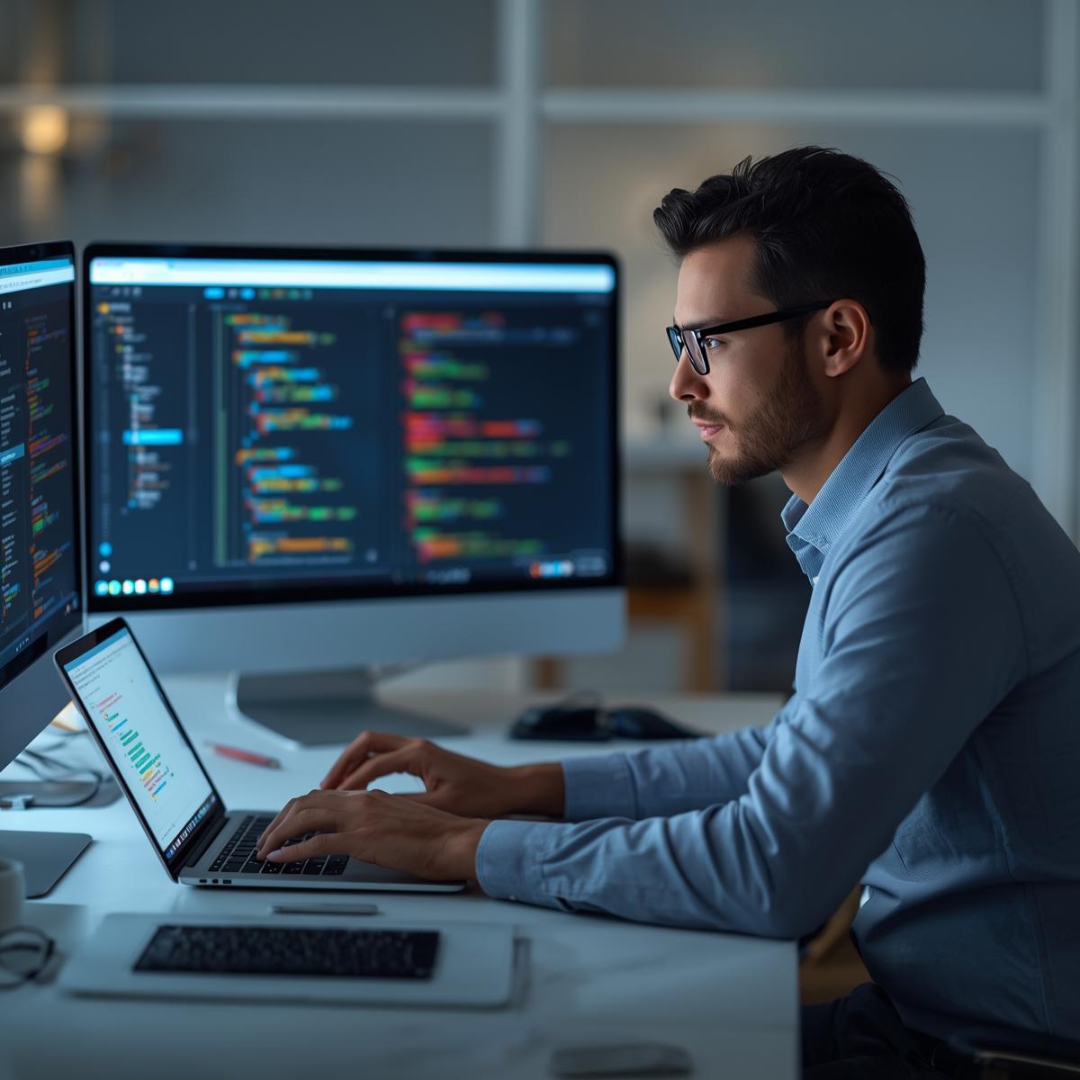 A modern IT professional testing a business website on multiple devices, laptop and tablet