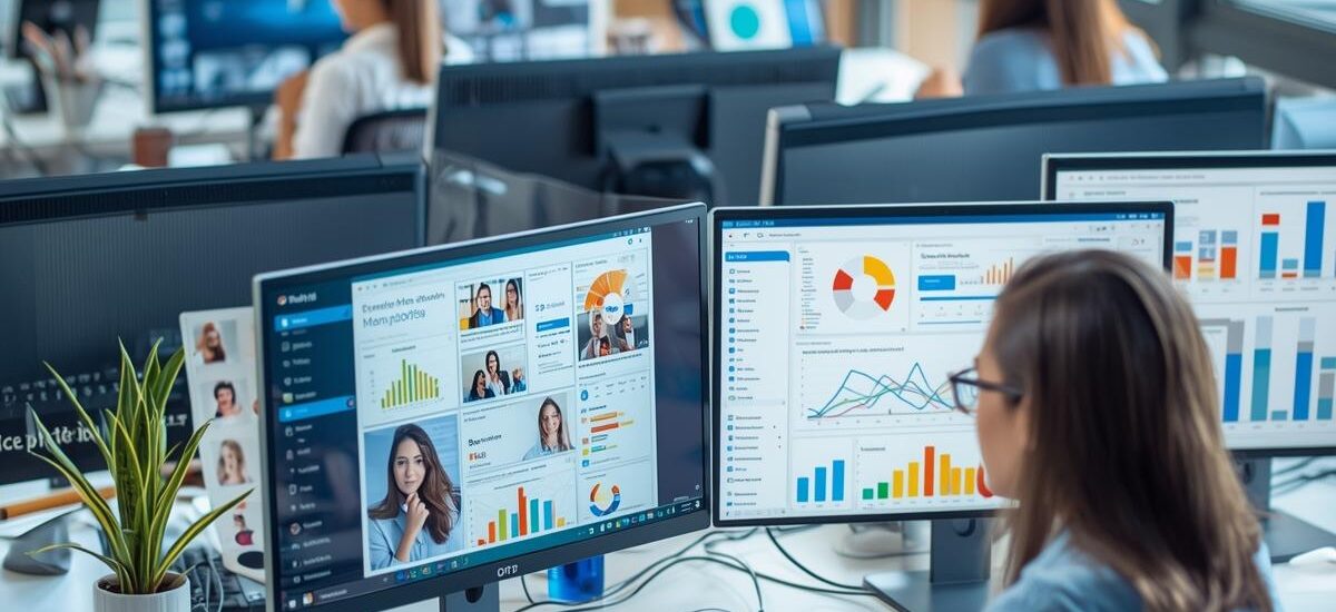 A modern digital marketing office in the USA, showing professionals