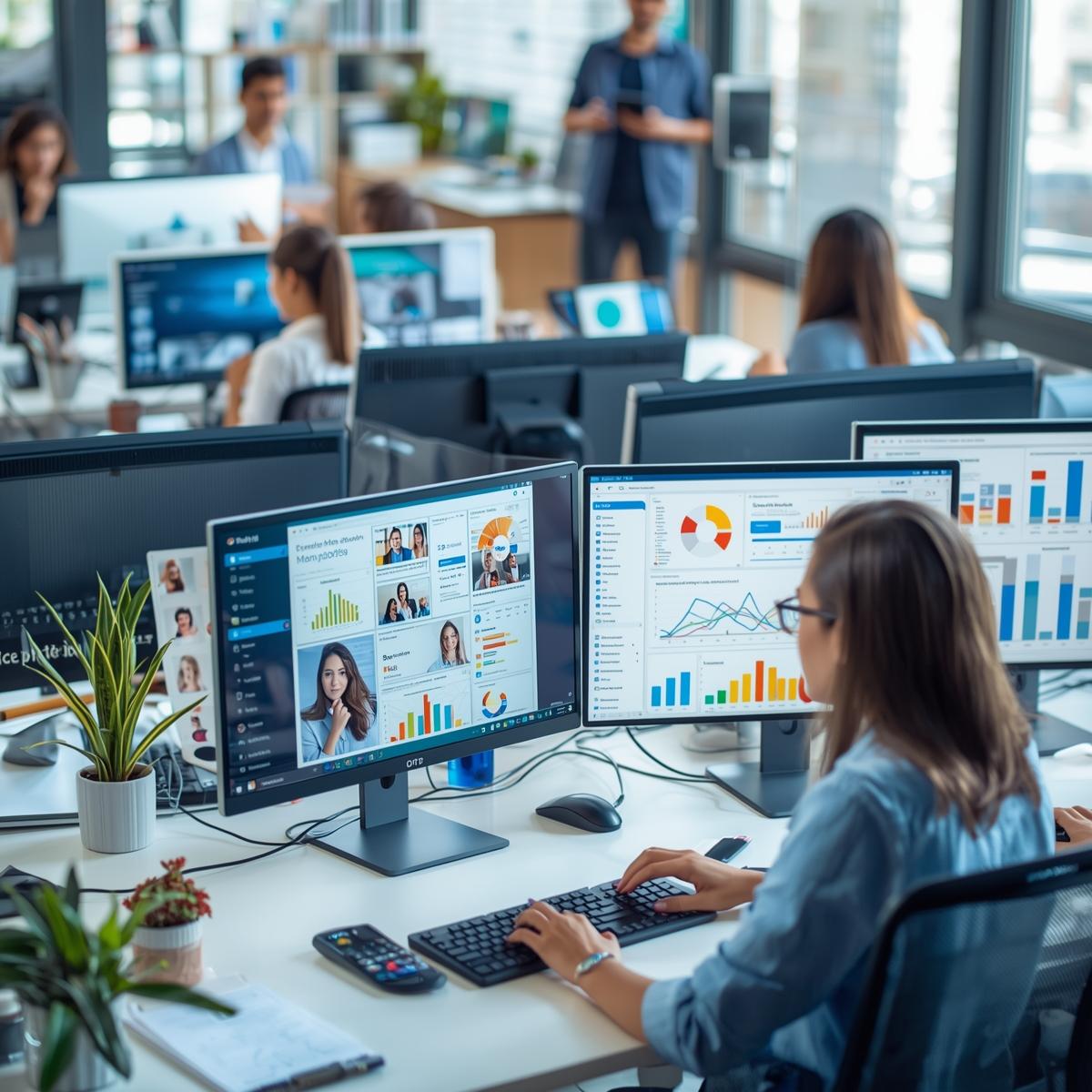 A modern digital marketing office in the USA, showing professionals