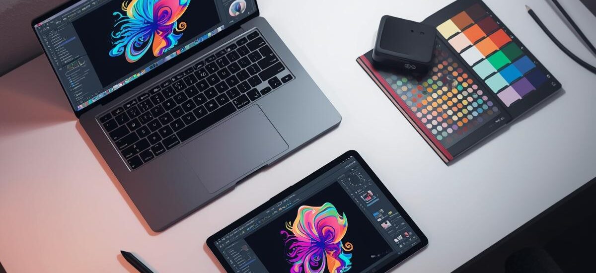 A modern workspace of a freelance graphic designer in 2025,