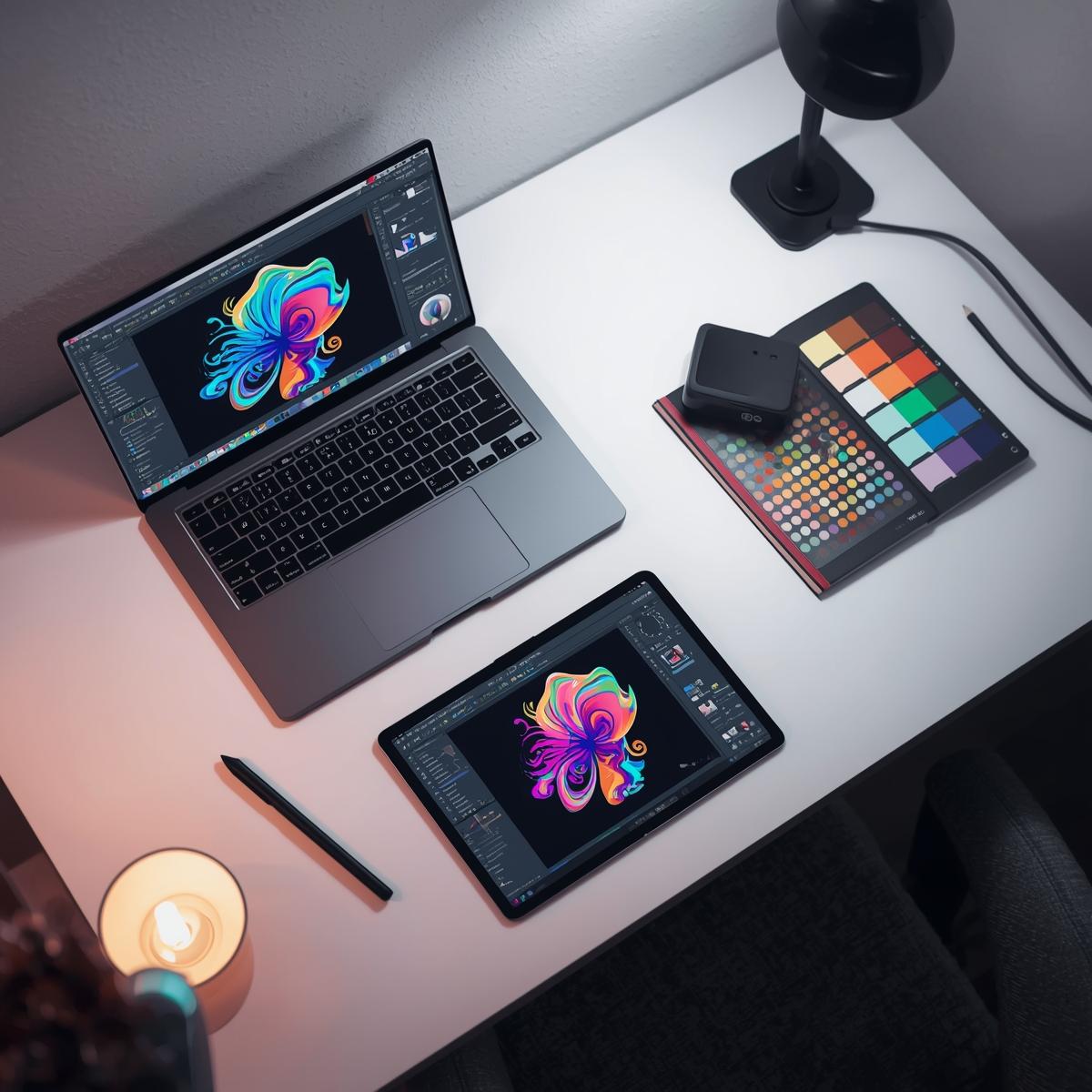 A modern workspace of a freelance graphic designer in 2025,